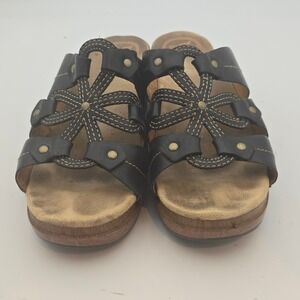 Dansko Women's Size 41/10.5 Black Leather Flower Detail Wedge‎ Heel Slide Clogs